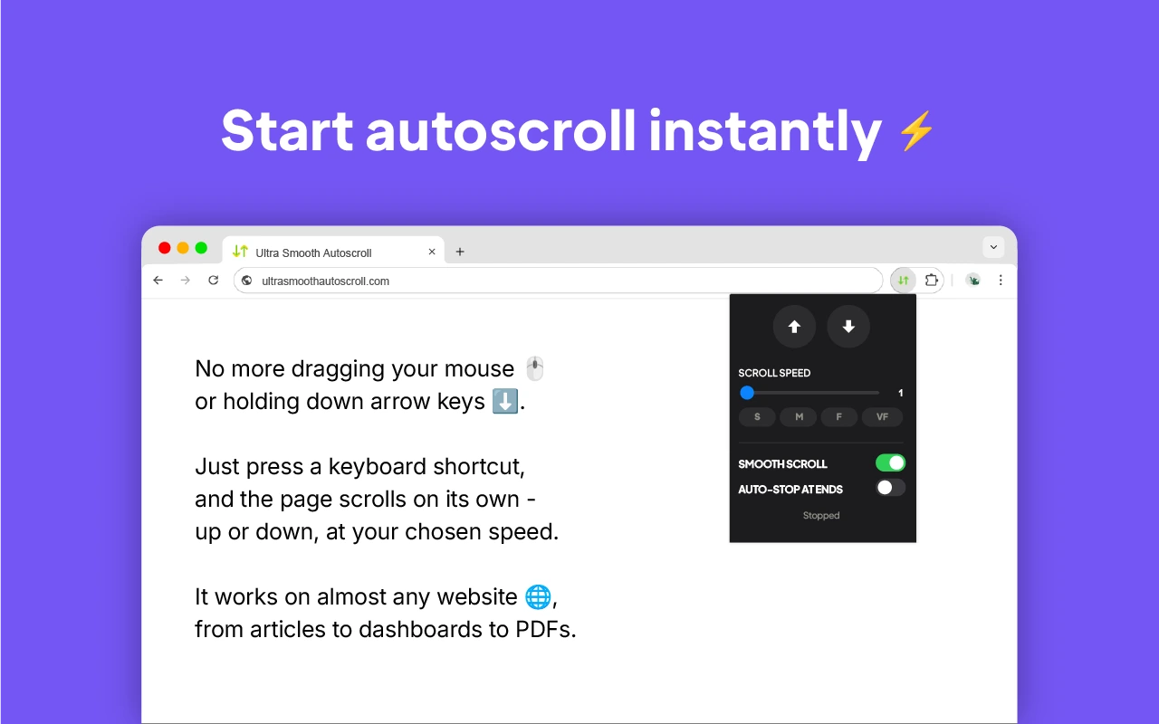 Ultra Smooth Autoscroll browser popup and controls, from the published Chrome Web Store preview